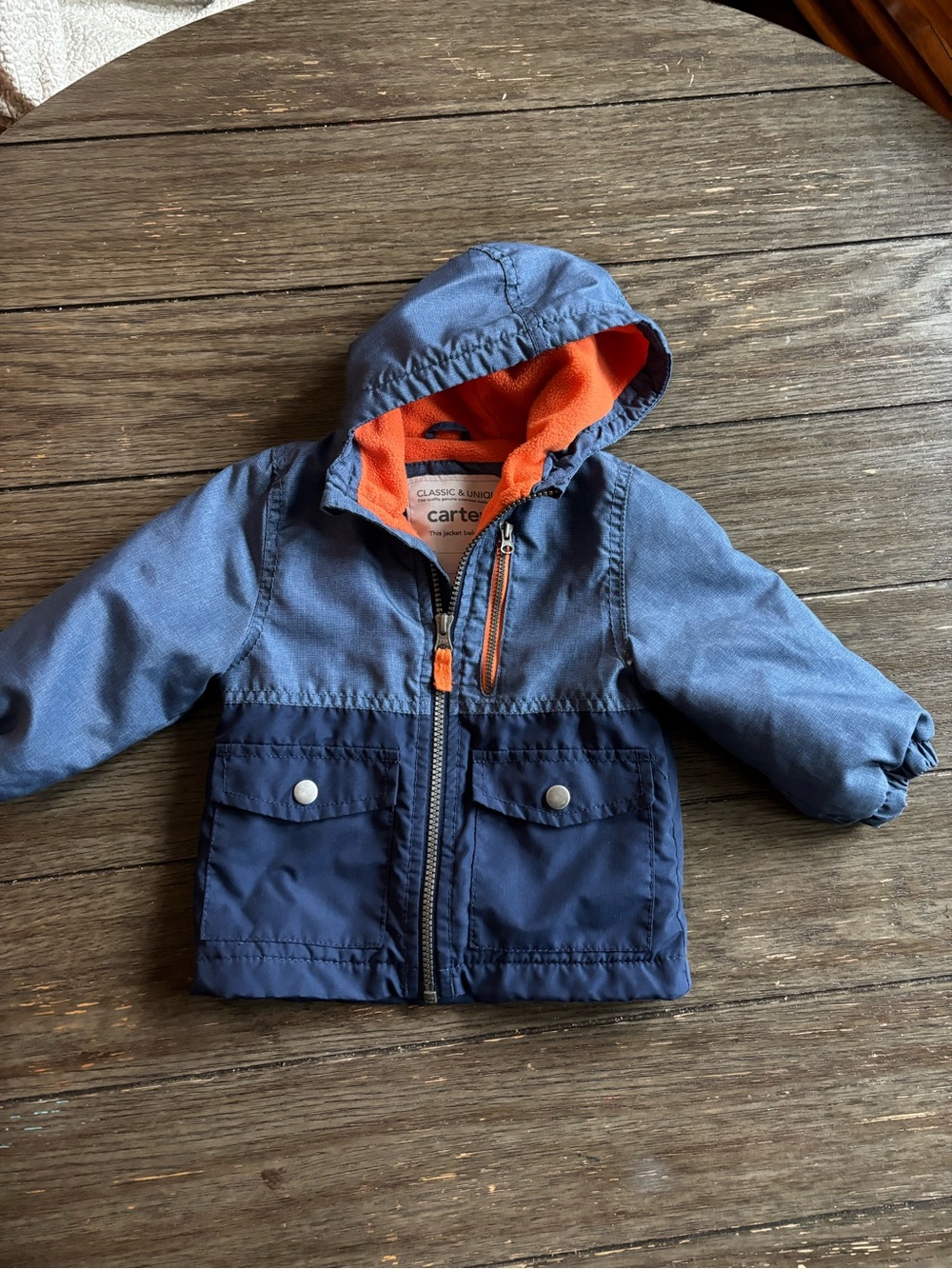 Carter's Navy & Light Blue Hooded Jacket with Orange Lining - Kids 12 months